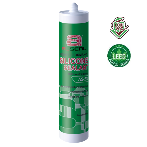 A green and white cylindrical sealant bottle labeled "LOW VOC ALSEAL HIGH-PERFORMANCE SILICONE SEALANT LEED COMPLIANT PRODUCT Neutral Silicone Sealant AS-205."