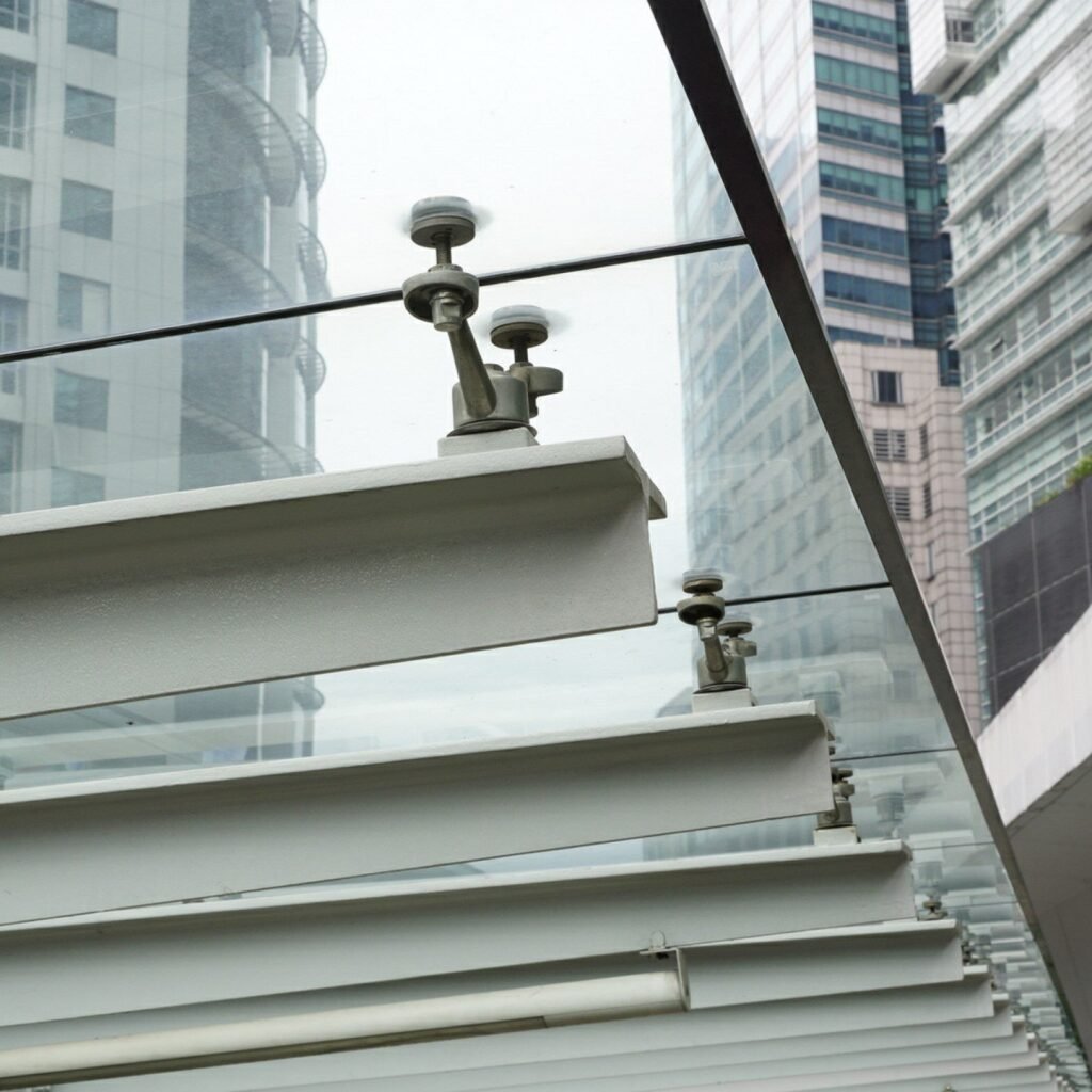 A glass roof supported by metal rods, set against the backdrop of a cityscape with skyscrapers and buildings.