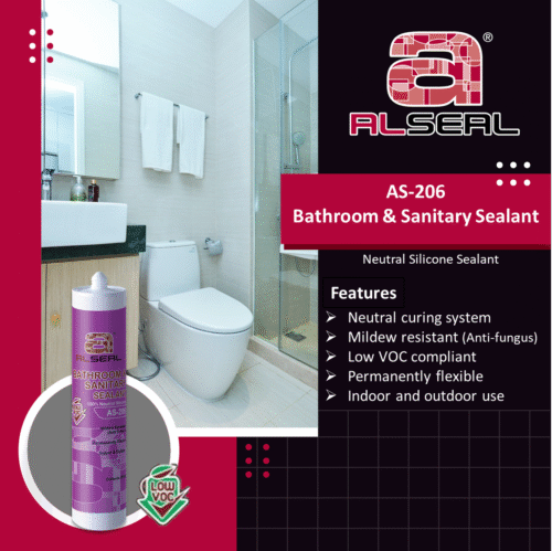 A bathroom and sanitary sealant advertisement featuring the product name 'ALSEAL AS-206'. Highlights include a neutral curing system, mildew resistance, low VOC compliance, permanent flexibility for indoor and outdoor use. The image likely includes relevant bathroom accessories and plumbing fixtures.