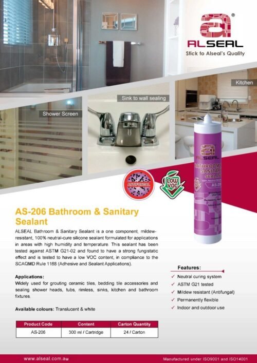 A poster showcasing a bathroom sealant, featuring the Alseal brand name and product details for the AS-206 Bathroom & Sanitary Sealant. The poster includes information on its mildew resistance, neutral-cure silicone formula, and applications for high humidity areas. The sealant is presented in a stylish design with available colors highlighted. Product specifications like content volume (300 ml), carton quantity (24), and website link are also visible.
