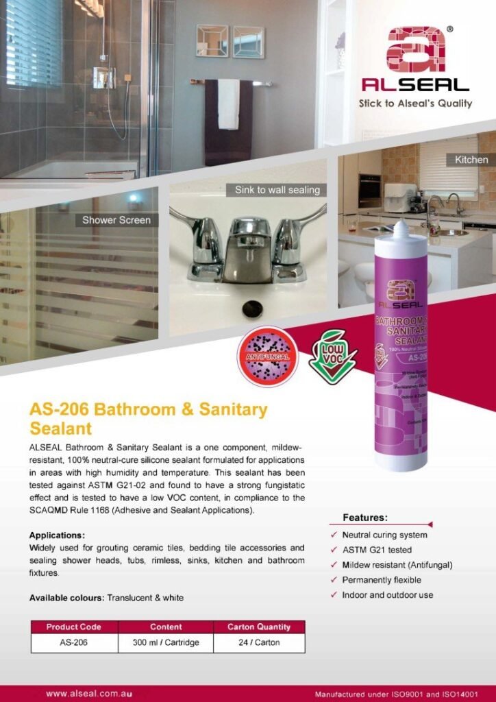 A poster showcasing a bathroom sealant, featuring the Alseal brand name and product details for the AS-206 Bathroom & Sanitary Sealant. The poster includes information on its mildew resistance, neutral-cure silicone formula, and applications for high humidity areas. The sealant is presented in a stylish design with available colors highlighted. Product specifications like content volume (300 ml), carton quantity (24), and website link are also visible.
