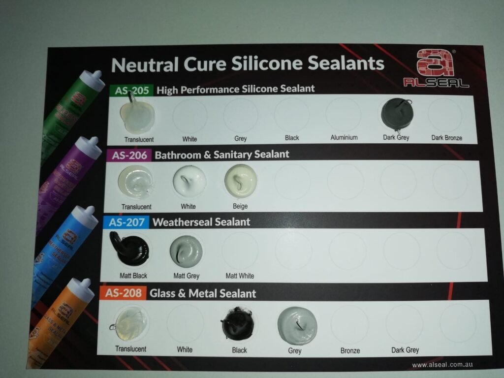 Close-up of a label featuring various silicone sealant products, including AS-205, AS-206, AS-207, and AS-208. The label includes descriptions such as "High Performance Silicone Sealant," "Bathroom & Sanitary Sealant," and "Weatherseal Sealant," with color options listed like Translucent Grey, Dark Bronze, and Matt White. The website www.alseal.com.au is also present on the label.