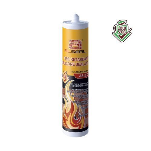 A white cylinder container with a label reading "LOW VOC ALSEAL FIRE RETARDANT SILICONE SEALANT 100% Neutral Cure AS-202". The label contains additional information regarding fire resistance and compliance standards.