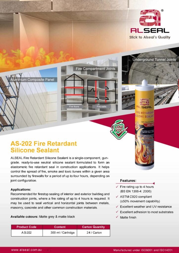 A poster featuring ALSEAL Fire Retardant Silicone Sealant. The design includes product images and text detailing the features and applications of the sealant, emphasizing its fire-rated capabilities for various construction joints. The poster showcases the product availability in matte grey and matte black colors, with specifications on its compliance with building standards and recommended uses.