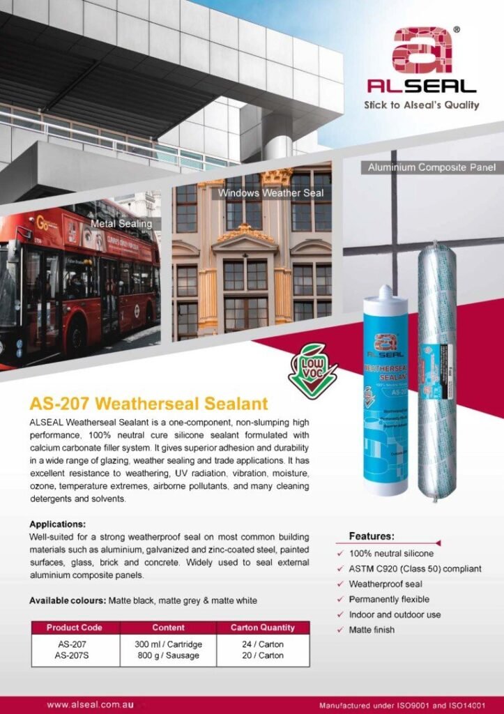 A poster displaying information about ALSEAL Weatherseal Sealant. The poster includes details about the product's features, applications, and available colors. It emphasizes the sealant's performance as a high-quality, 100% neutral cure silicone suitable for various building materials and environments. The layout contains text in multiple sections with headings and lists, alongside contact information for the manufacturer.