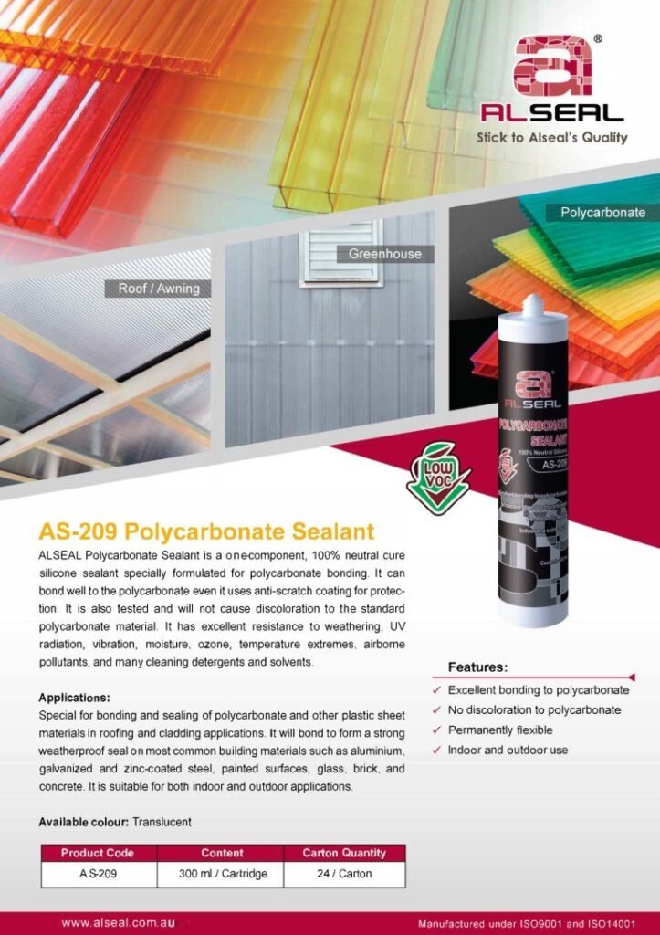 A poster featuring Alseal's Polycarbonate Sealant. The design includes product details, highlighting the sealant's features such as excellent bonding to polycarbonate, resistance to weathering and UV radiation, and its suitability for various building materials. The poster indicates that the sealant is available in a translucent color and provides information on packaging quantities.
