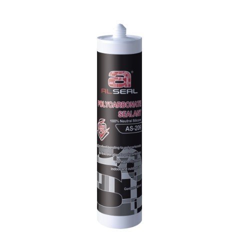 A white tube with a black label that reads "ALSEAL POLYCARBONATE SEALANT 100% Neutral Silicone AS-209". The label mentions excellent bonding to polycarbonate joints, suitability for indoor and outdoor use, and other technical details related to its application.
